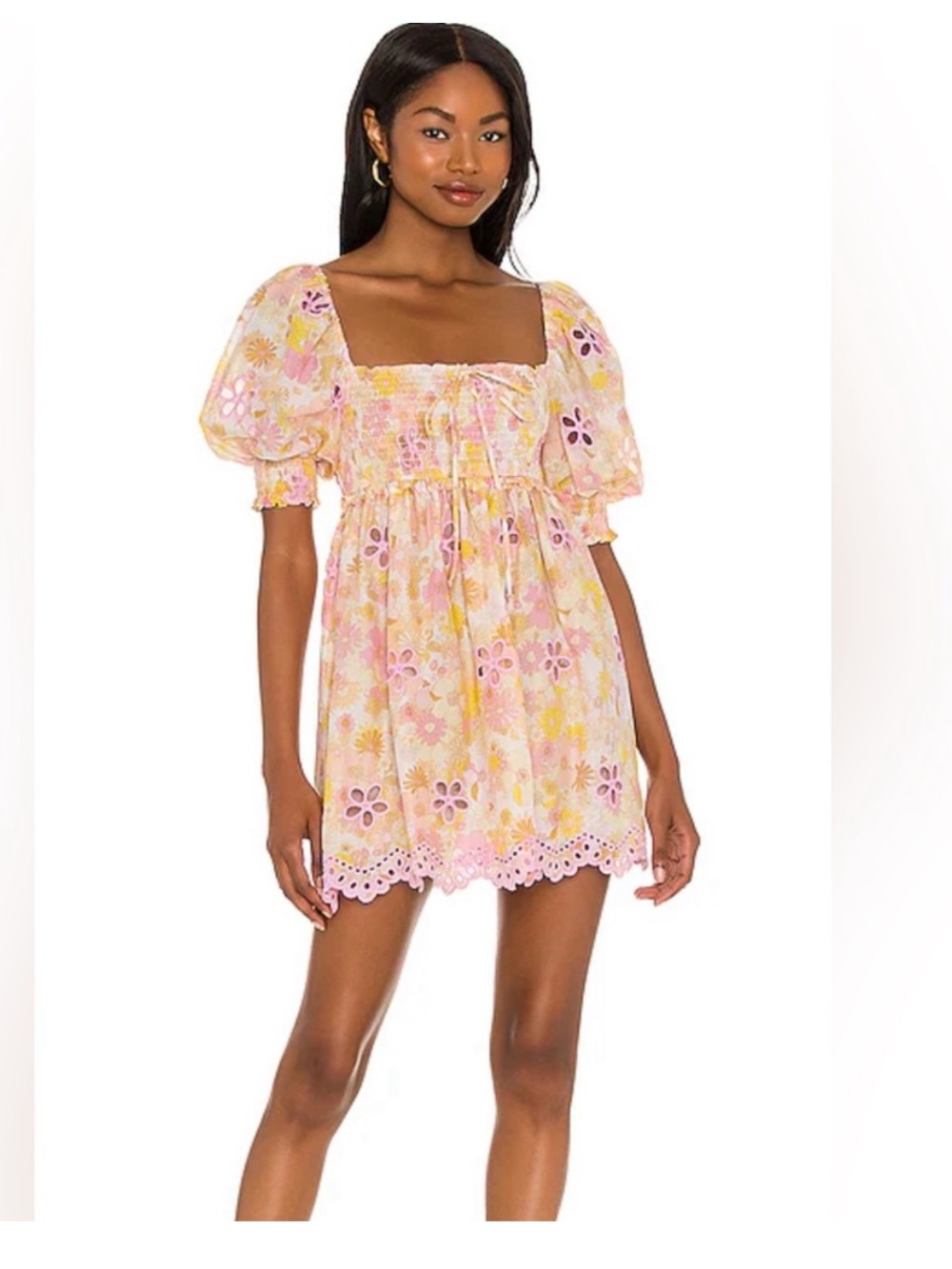 Love & Lemons Claire Eyelet Lace Smocked Floral Mini Dress